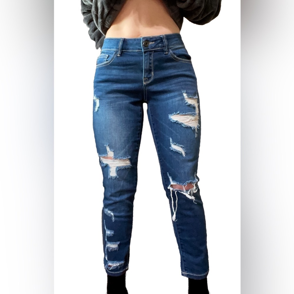 Refuge Blue Distressed Ankle Cropped Skinny Jeans Mid Rise Ripped Denim Size 4